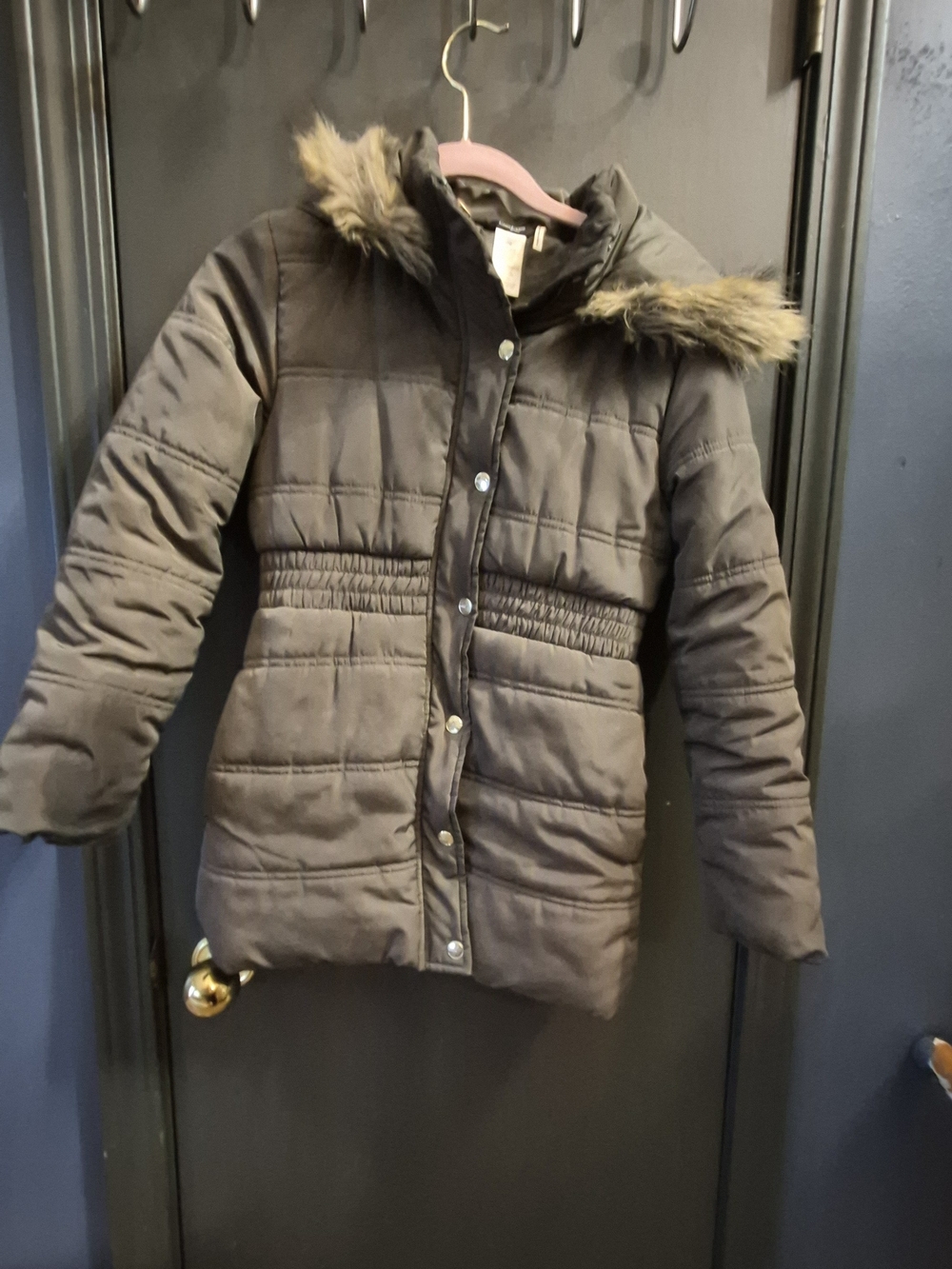bebe Girls Puff Jacket with Faux Fur Trim - Brown